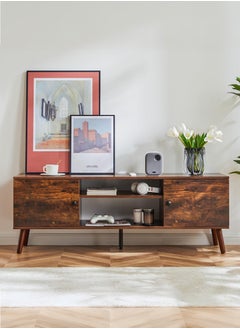 Yanara TV Table & Stand for 55-60 Inch TV - Mid Century Modern Entertainment Center with Storage Cabinet, Adjustable Hinge,Wooden Media Console for Living Room,Brown,136x48x40CM  - Image 2