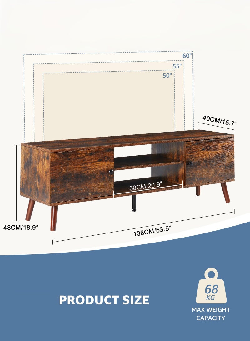 يانارا طاولة وتلفزيون لمقاس 55-60 بوصة - مركز ترفيهي بستايل منتصف القرن الحديث مع خزانة تخزين، مفصلات قابلة للتعديل، وحدة تحكم خشبية للغرفة المعيشة، بني، 136x48x40 سم - Image 2