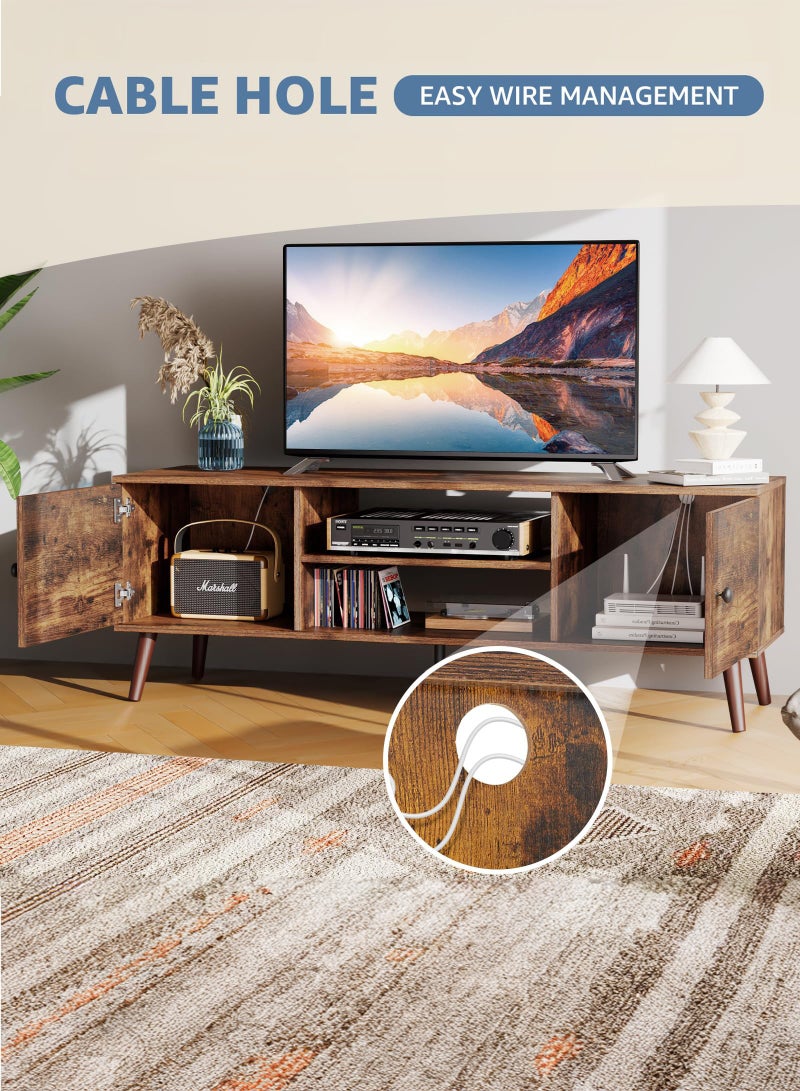 يانارا طاولة وتلفزيون لمقاس 55-60 بوصة - مركز ترفيهي بستايل منتصف القرن الحديث مع خزانة تخزين، مفصلات قابلة للتعديل، وحدة تحكم خشبية للغرفة المعيشة، بني، 136x48x40 سم - Image 5