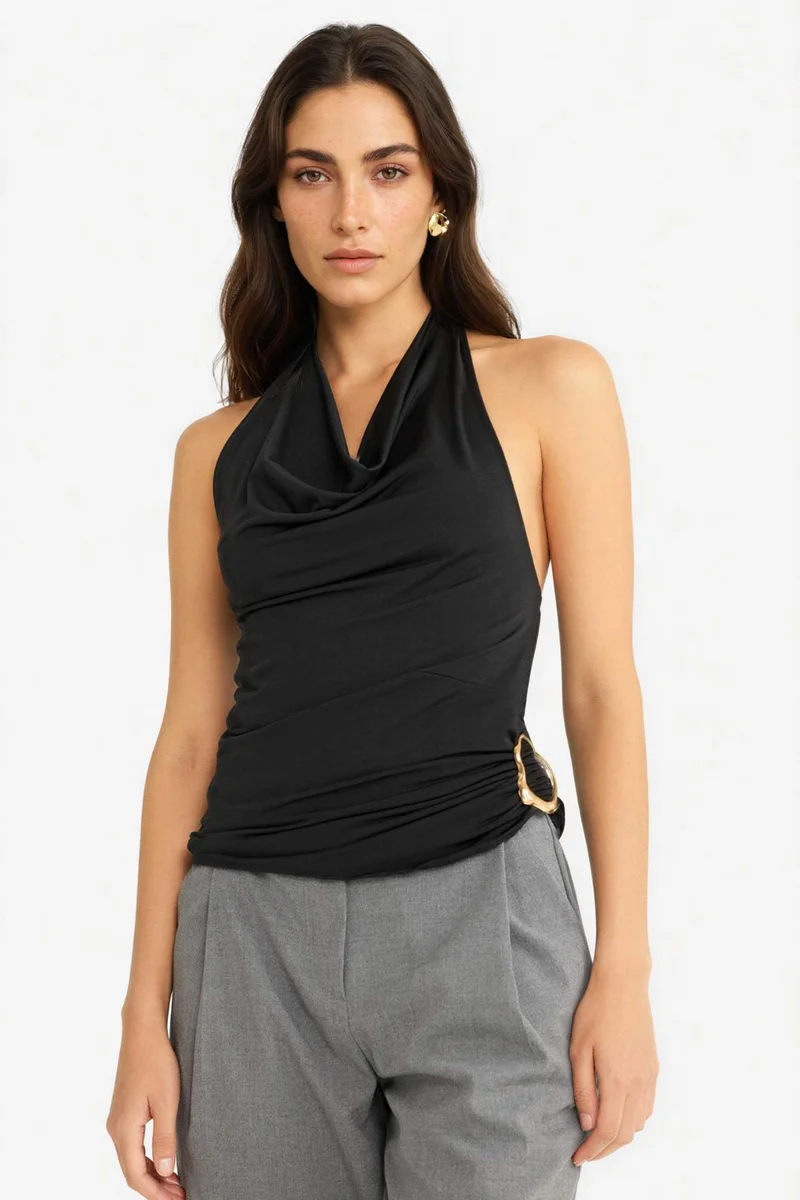 Defacto Regular Fit Halter Neck Buckle Detail Blouse