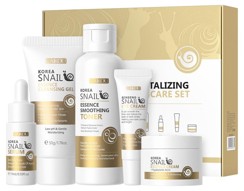 لايكو مجموعة العناية بالبشرة الحلزون الكورية - كل شيء عن مجموعة الحلزون Mucin ، مجموعة العناية بالبشرة الصديقة للسفر مع منظف ، تونر ، مصل ، كريم للعين ، كريم للوجه ، طقم للوجه للنساء والفتيات ترطيب البشرة (5 قطع) - Image 1
