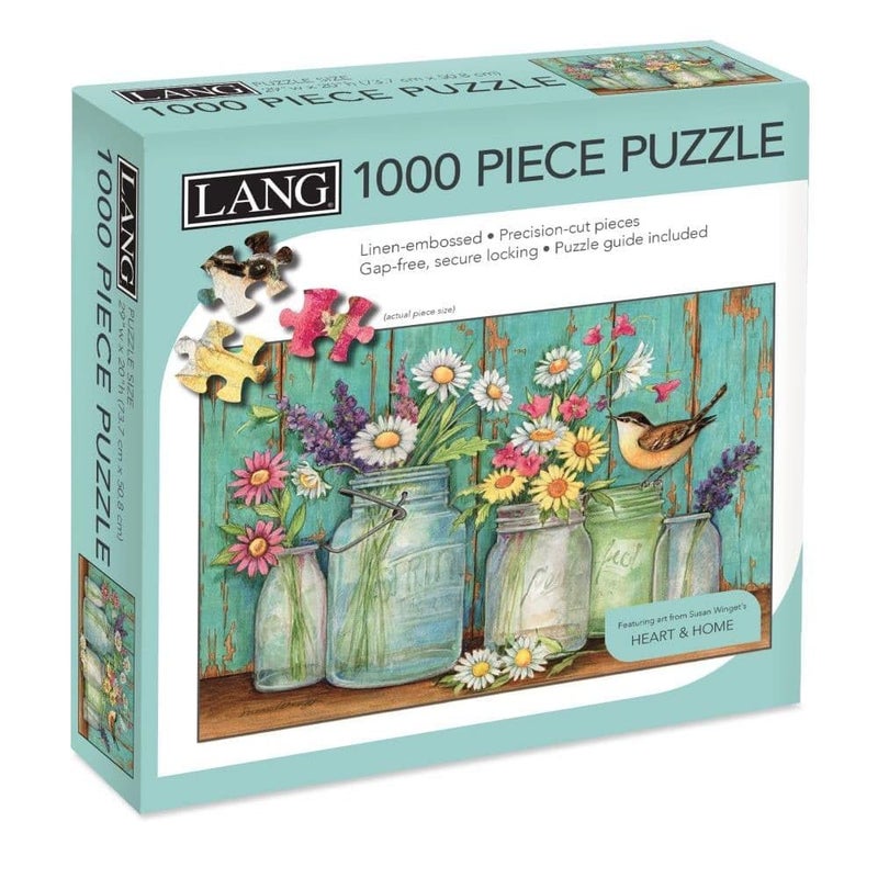 Lang 1000 Piece Puzzle Mason Flowers Artwork by Susan Winget Linen Finish 29 x 20 Completed