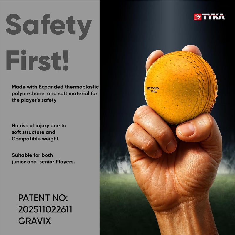TYKA Cricket Ball Heavy Gravix Moisture Resistant 145± GMS - Eco-Friendly Training Ball | All Weather Durable Performance | True Bounce, Engineered Power (All Levels) Pack of 3 (Yellow) - Image 4