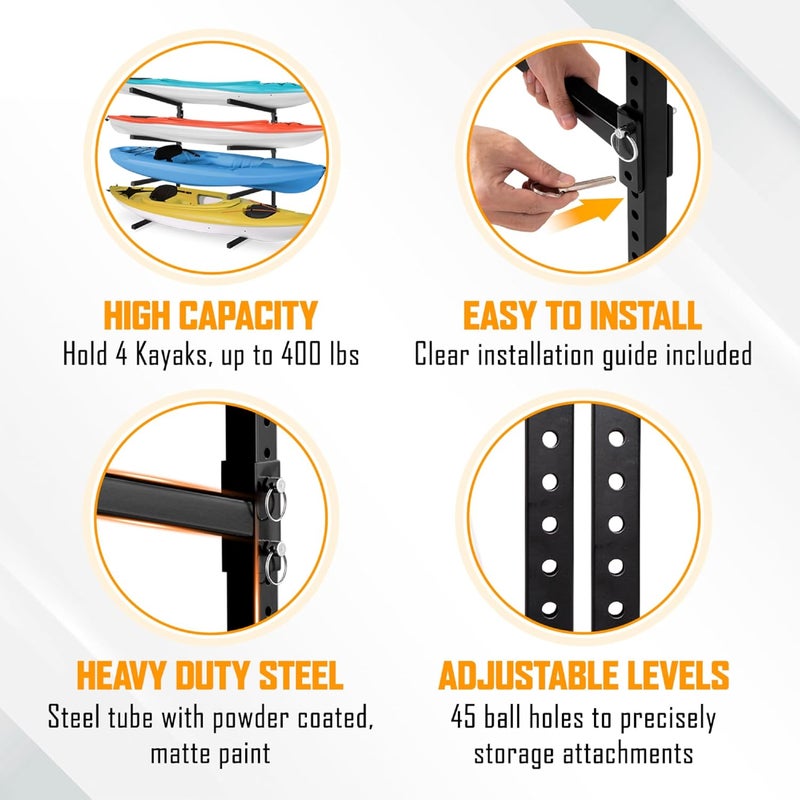 Yes4All رف تخزين الكاياك Yes4All - رف تثبيت على الحائط للكاياك بسعة 400 رطل و 4 مستويات قابلة للتعديل لتخزين الكاياك في الهواء الطلق والداخلية - Image 3