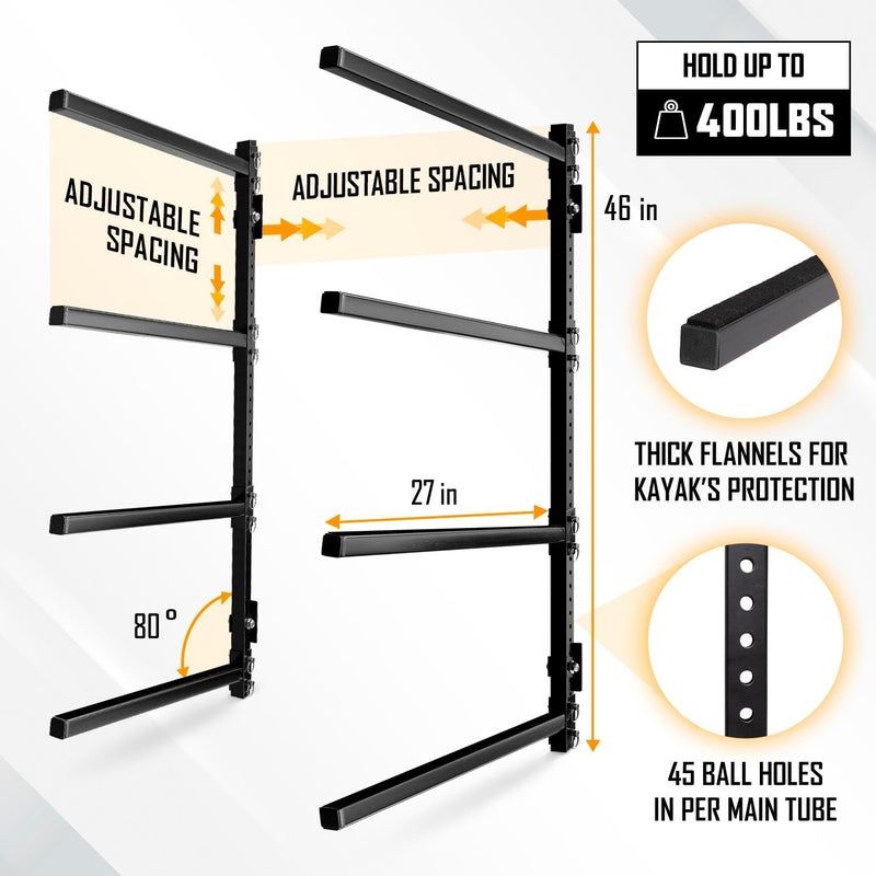 Yes4All رف تخزين الكاياك Yes4All - رف تثبيت على الحائط للكاياك بسعة 400 رطل و 4 مستويات قابلة للتعديل لتخزين الكاياك في الهواء الطلق والداخلية - Image 2