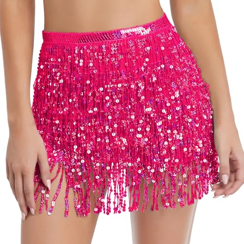 Fenyong Women's Sequin Tassel Skirts Sparkly Rave Fringe Hip Scarf for Festival Costume(Rose Red) - Image 1