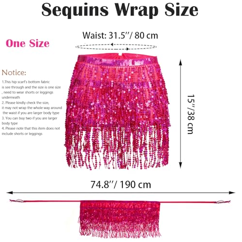 Fenyong Women's Sequin Tassel Skirts Sparkly Rave Fringe Hip Scarf for Festival Costume(Rose Red) - Image 5