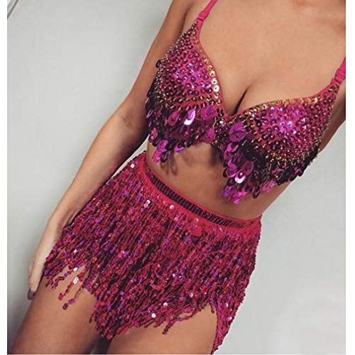 Fenyong Women's Sequin Tassel Skirts Sparkly Rave Fringe Hip Scarf for Festival Costume(Rose Red) - Image 4
