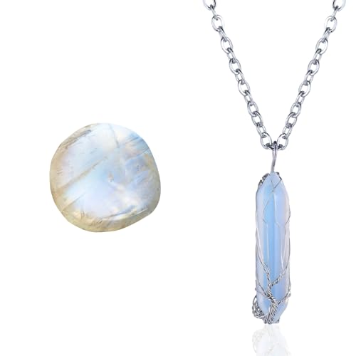 Halukakah Moonstone Necklace - LUNARLOVE - Handmade Platinum Plated Winding Tree of Life Wire, Natural Crystal Hexagonal Shape Pendant and 20" Chain, Gift for Her - Image 1