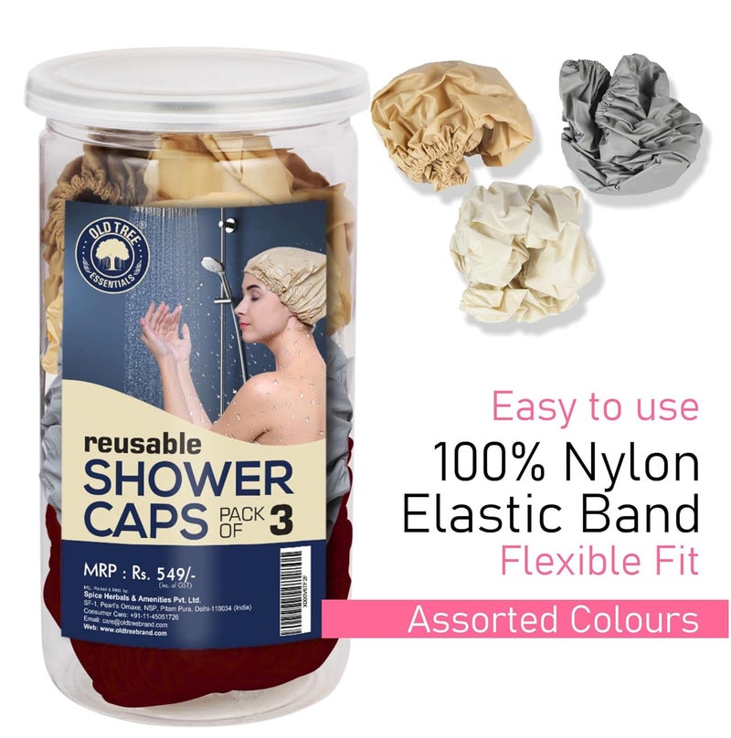 Old Tree Reusable Shower Cap Pack of 3  Waterproof Elastic FreeSize Premium Bath Caps for Hotel Spa Salon  Bathroom  Lightweight  Comfortable Shower Caps for Women  Men Assorted Colors - Image 2