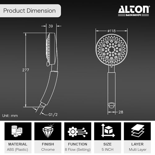 ALTON SHR22365 ABS, 5-INCH, 8-Function Hand Shower with 1.5 Meter Flexible Shower Hose Pipe and Wall Hook, Chrome Finish - Image 5