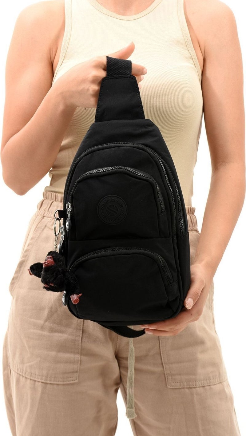 Sanmorris Unisex Crinkle Fabric Water Resistant Crossbody Shoulder and Chest Bag in Black Color  - Image 2