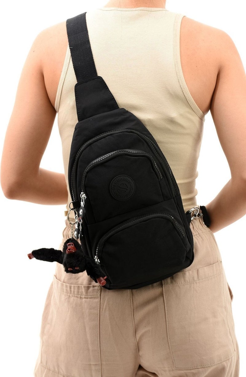 Sanmorris Unisex Crinkle Fabric Water Resistant Crossbody Shoulder and Chest Bag in Black Color  - Image 3