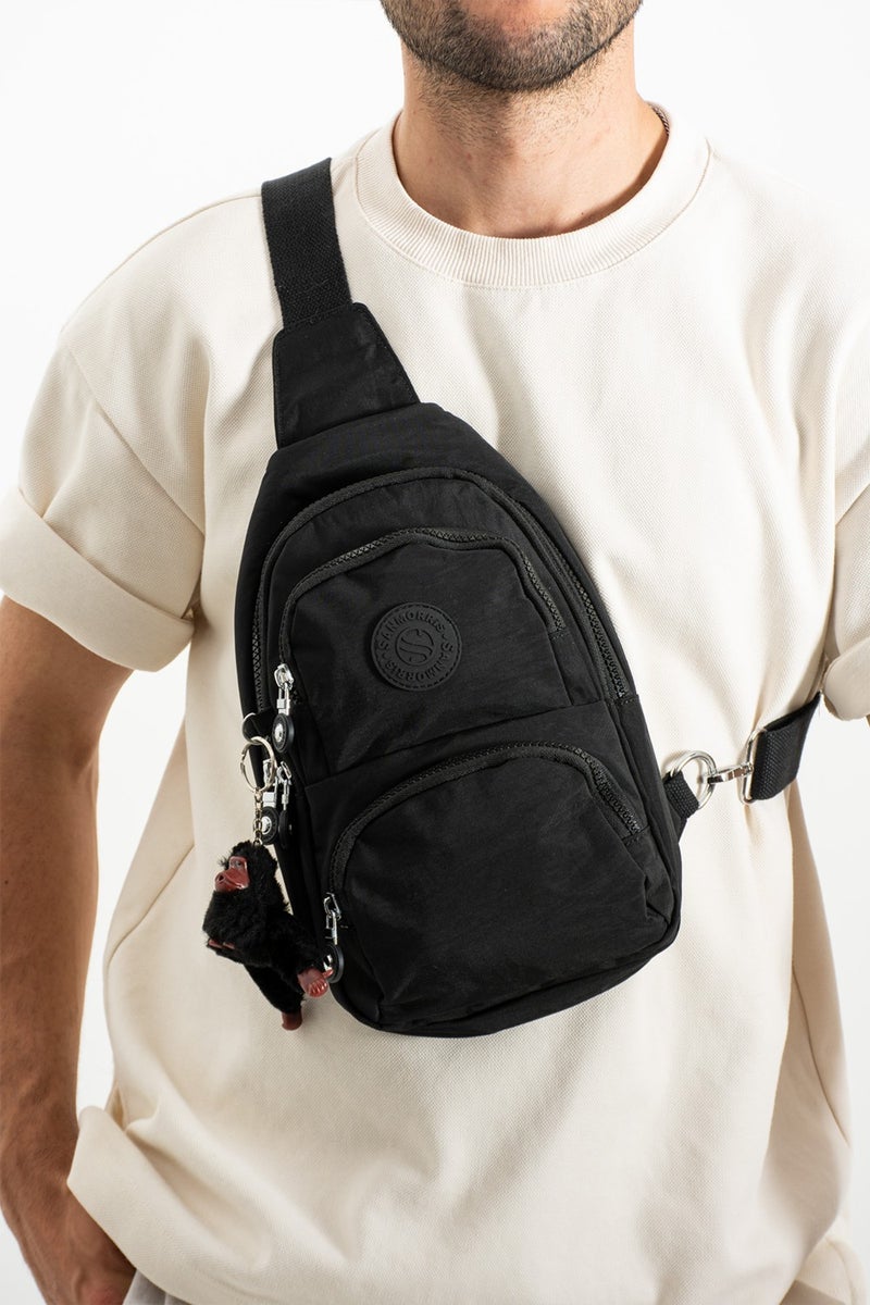 Sanmorris Unisex Crinkle Fabric Water Resistant Crossbody Shoulder and Chest Bag in Black Color  - Image 1