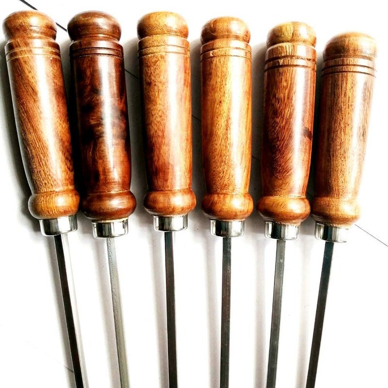BTR BHARAT SKEWERS 20 INCH ROD 4 INCH HARDWOOD HENDLE {HOTEL WERE THICKNESS 5 MM SQUARE SHAPE HEAVY DUTY /Kabab Seekh stainless Steel Barbeque Grilling Stick, for KABAB/Paneer Tikka (Pack of 6 Pieces) HARWOOD SHEESHAM HANDLE FULL LENGTH 24 INCH ) - Image 1