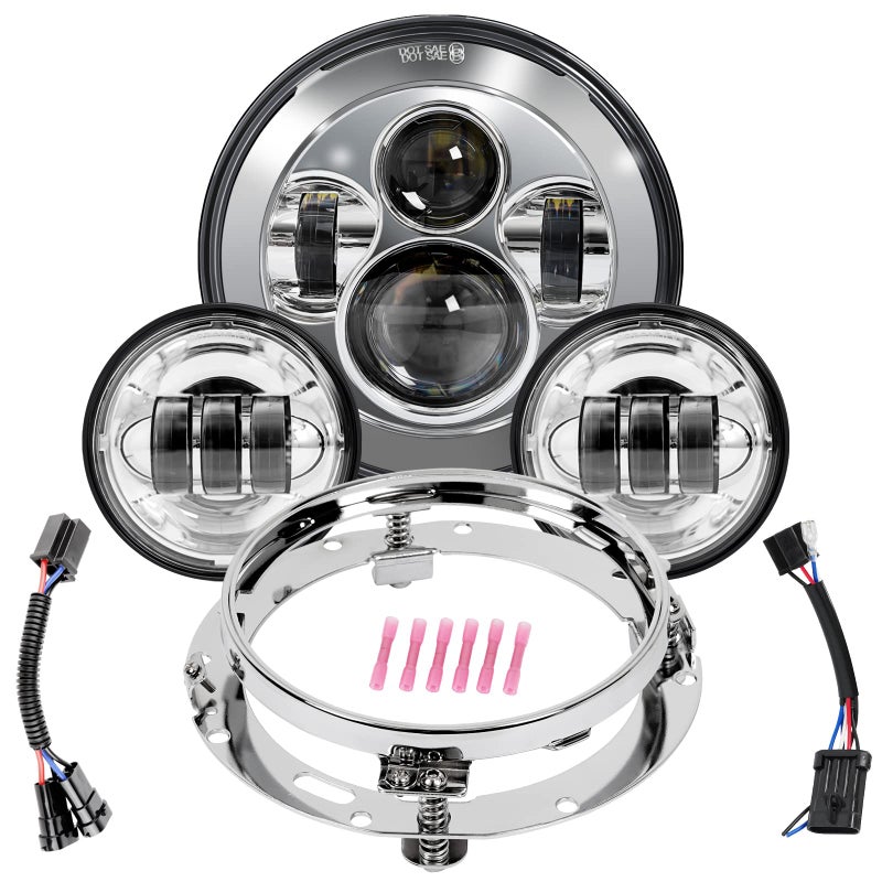 Wisamic Motorcycle LED Headlight 7 inch 45 inch Passing Lamps Fog Lights and Mounting Ring Compatible with Harley Davidson Road King Ultra Classic Electra Street Glide Silver
