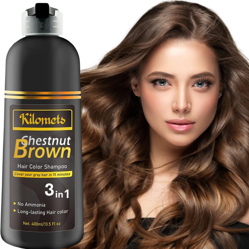 KILOMETS CHESTNUT BROWN Hair Dye Shampoo 3 IN 1- Hair Color Shampoo Grey Coverage in Minutes Ammonia Free Instant Coloring Gift for Mom Dad - Image 1