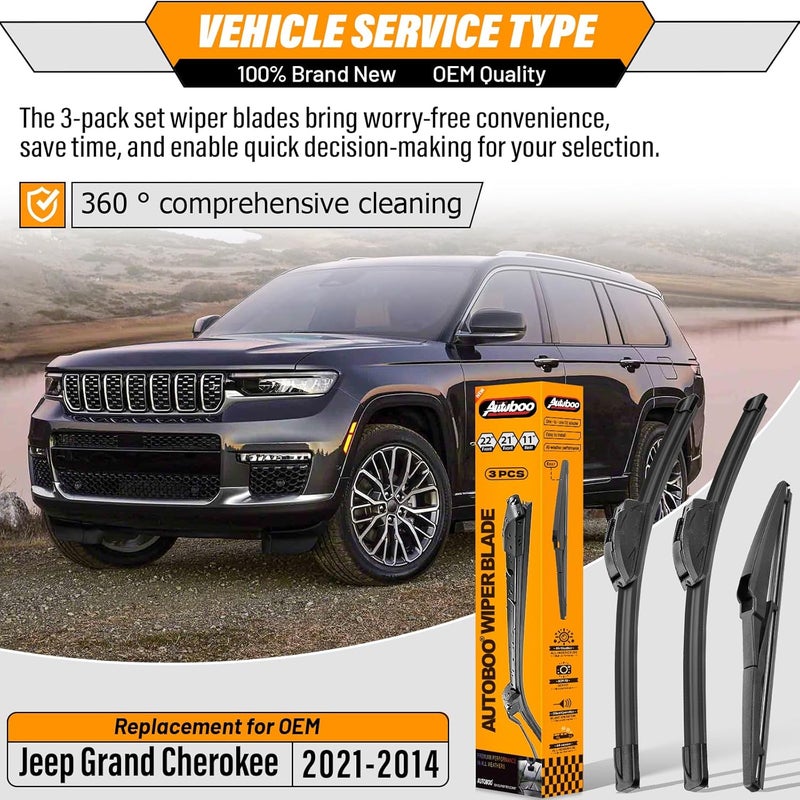 AUTOBOO 22"+21" Windshield Wipers with 11" Rear Wiper Blade Sets Replacement for Jeep Grand cherokee 2014 2015 2016 2017 2018 2019 2020 2021-Original Factory Quality (Pack of 3) - Image 2