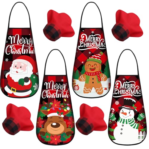 Geyoga 4 Sets Christmas Kids Apron and Chef Hat with Pocket for Girls Toddler Boys Snowman Deer Gingerbread Santa Apron for Kitchen Baking Crafting Painting Party Supplies - Image 1