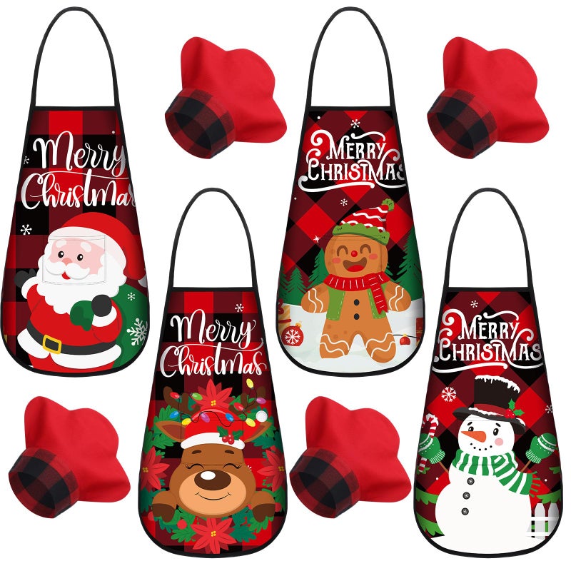 Geyoga 4 Sets Christmas Kids Apron and Chef Hat with Pocket for Girls Toddler Boys Snowman Deer Gingerbread Santa Apron for Kitchen Baking Crafting Painting Party Supplies - Image 2