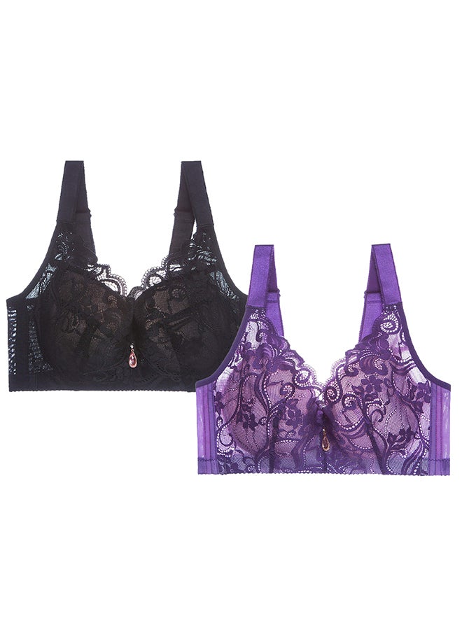 MARGOUN 2 Pack For Women's Large Size Lace Bra Wide Straps Wireless Bralettes with Full Cup Pads Bras for Ladys Women 40/90 Dark Purple Black - Image 2