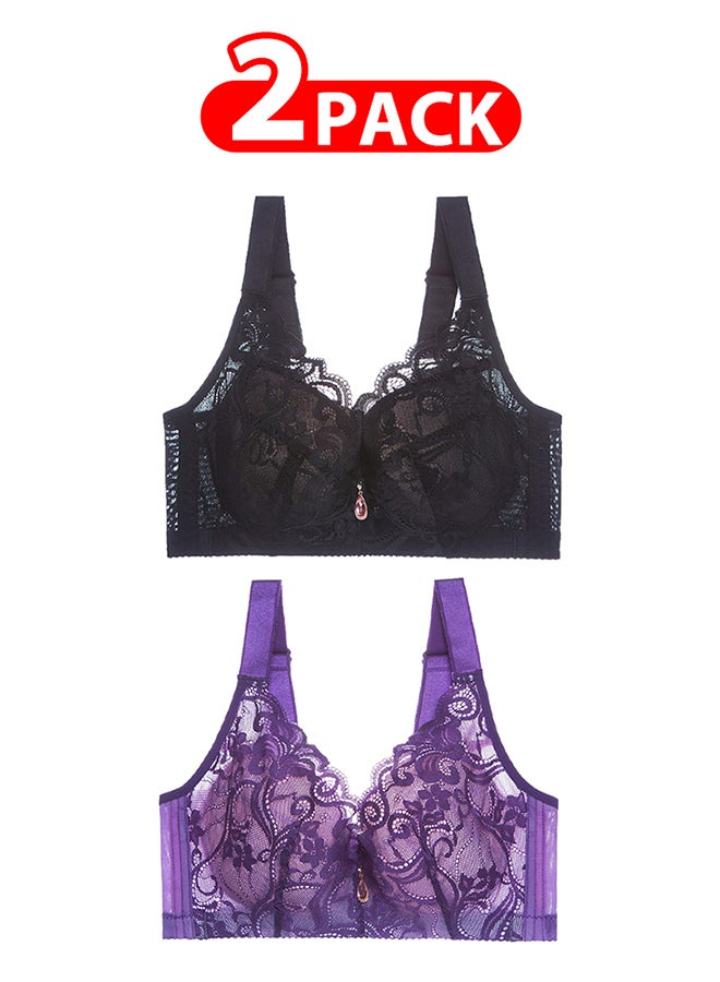 MARGOUN 2 Pack For Women's Large Size Lace Bra Wide Straps Wireless Bralettes with Full Cup Pads Bras for Ladys Women 40/90 Dark Purple Black - Image 1