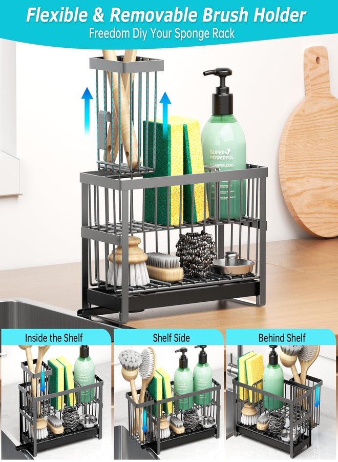 Liuoud Sponge Holder for Kitchen Sink, 2 Tier Sink Caddy Organizer Countertop with Dish Brush Holder and 360° Drain Tray, Rustproof Stainless Steel Dish Soap Storage Rack Set for Accessories Grey - Image 3