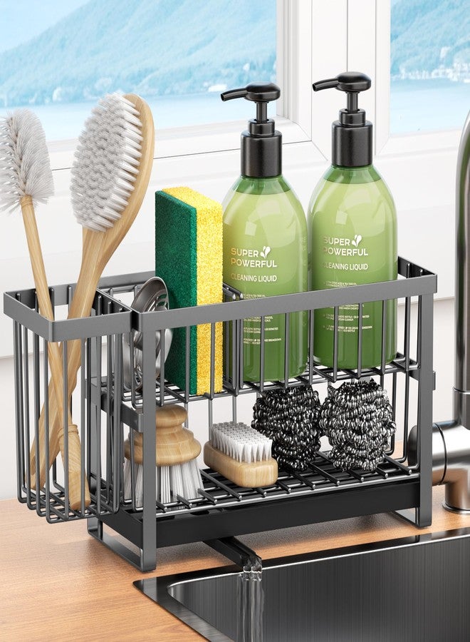 Liuoud Sponge Holder for Kitchen Sink, 2 Tier Sink Caddy Organizer Countertop with Dish Brush Holder and 360° Drain Tray, Rustproof Stainless Steel Dish Soap Storage Rack Set for Accessories Grey - Image 1