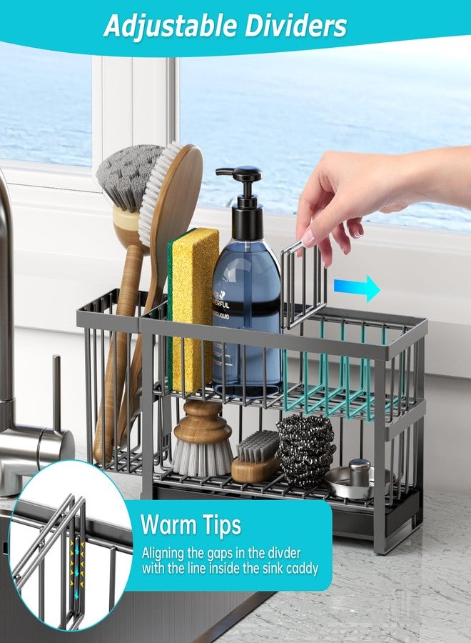 Liuoud Sponge Holder for Kitchen Sink, 2 Tier Sink Caddy Organizer Countertop with Dish Brush Holder and 360° Drain Tray, Rustproof Stainless Steel Dish Soap Storage Rack Set for Accessories Grey - Image 5