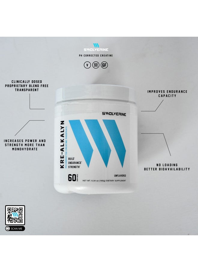Swolverine - Swolverine Kre-Alkalyn | pH Correct Creatine Monohydrate, Build Strength, Gain Muscle, Power Performance, Enhance Endurance, Unflavored, (60 Servings) - Image 1