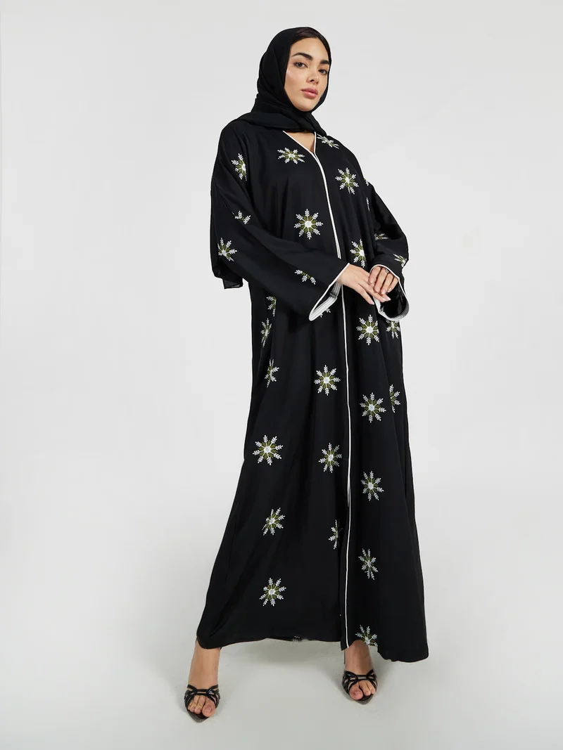 Reem Abayas Snowflake Embroidered Festive Abaya with White Piping
