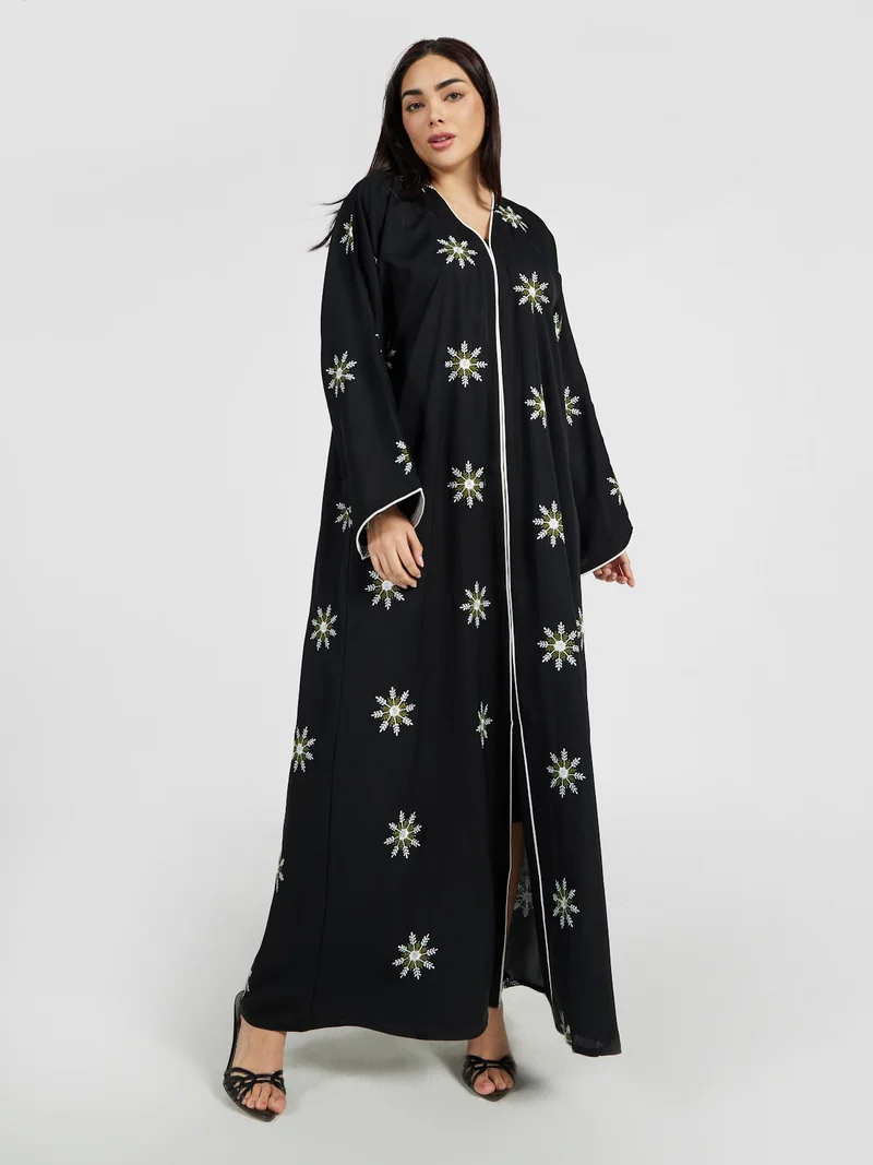 Reem Abayas Snowflake Embroidered Festive Abaya with White Piping