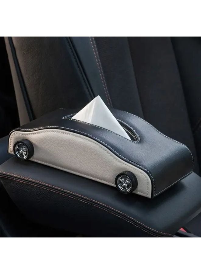 Black Beige Car Tissue Box Holder Faux Leather Armrest Organizer For All Vehicles - Image 1