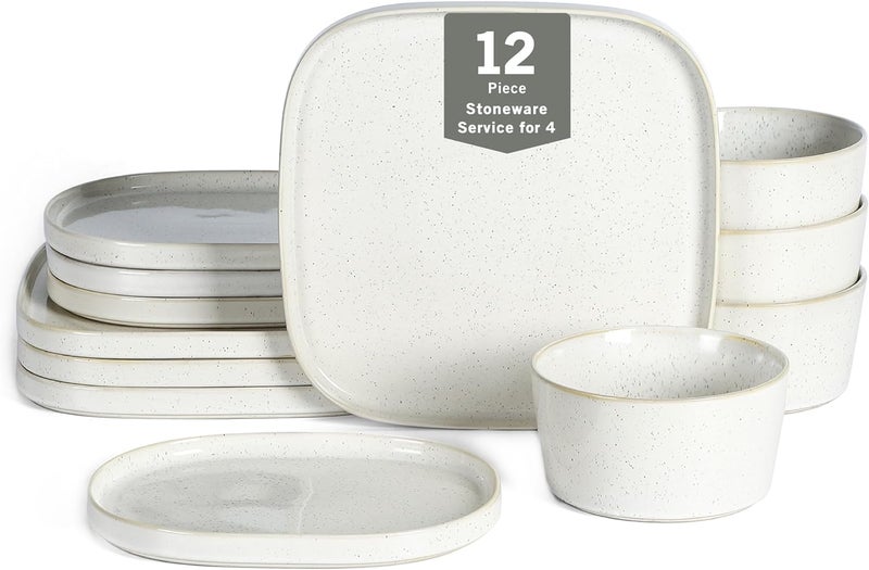 Stone Lain Cairo 12Piece Dinnerware Set Stoneware Plates and Bowls Set Microwave and Dishwasher Safe Includes Dinner and Salad Plates Cereal Bowls Dish for 4 White Speckled - Image 1