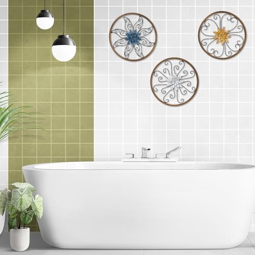 hogardeck Metal Flower Wall Decor - 3 pcs 11" Metal Wood Floral Wall Decoration with 6 Piece Interchangeable Flowers, Hanging Rustic Wall Art for Bedroom, Living Room, Bathroom, Kitchen - Image 4