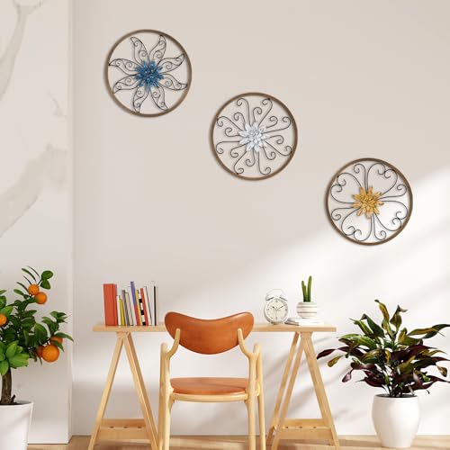 hogardeck Metal Flower Wall Decor - 3 pcs 11" Metal Wood Floral Wall Decoration with 6 Piece Interchangeable Flowers, Hanging Rustic Wall Art for Bedroom, Living Room, Bathroom, Kitchen - Image 5