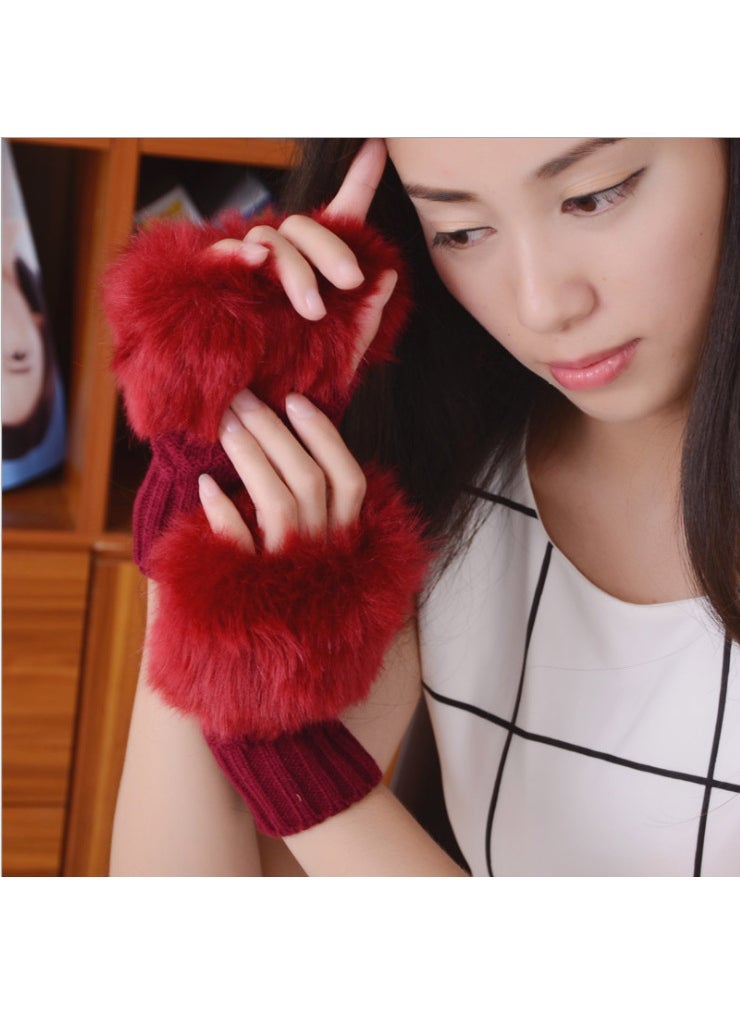 Korean version of autumn and winter warm gloves ladies half finger gloves plush padded knitted gloves open finger touch screen gloves wholesale Burgundy 