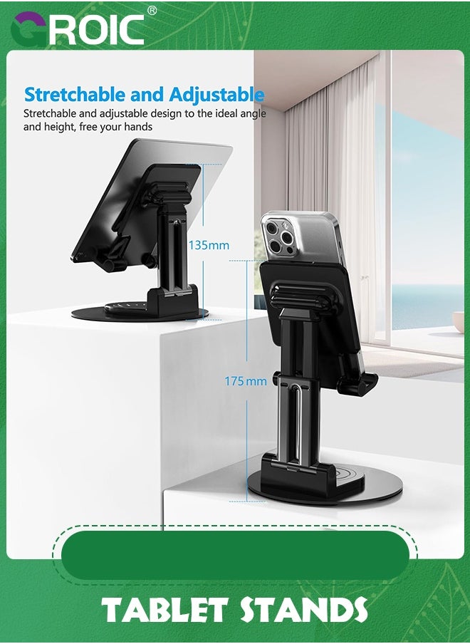 GROIC - Black Tablet Stand for Desk, Adjustable Phone Holder, 360° Rotating Tablet Holder with Heavy Metal Base, Multi-Angles Adjustable and Foldable for iPad Air, iPad Mini, iPad Pro, Kindle, Smartphones - Image 1