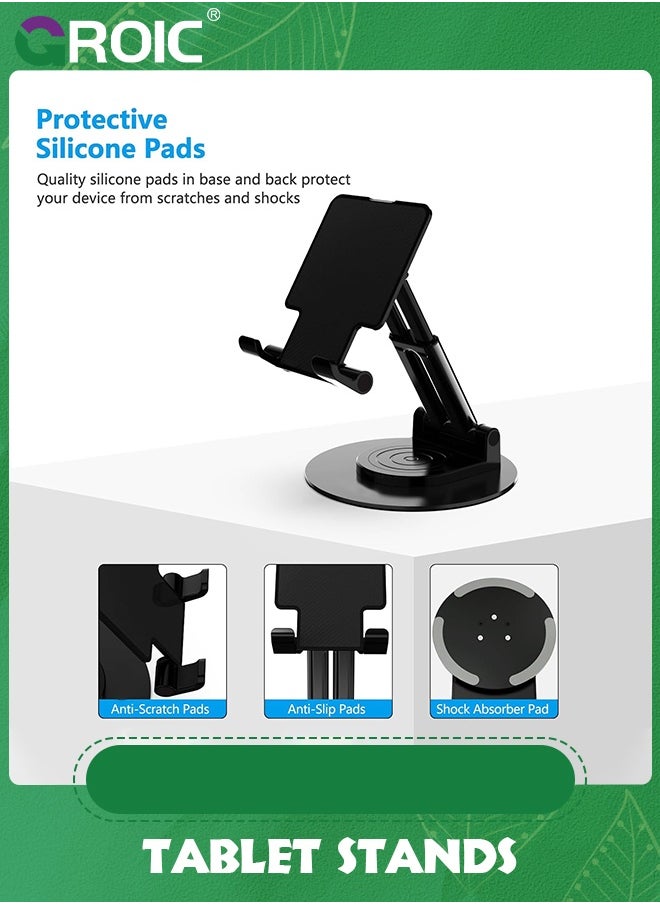 GROIC - Black Tablet Stand for Desk, Adjustable Phone Holder, 360° Rotating Tablet Holder with Heavy Metal Base, Multi-Angles Adjustable and Foldable for iPad Air, iPad Mini, iPad Pro, Kindle, Smartphones - Image 1