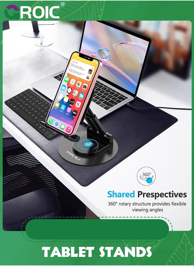 GROIC - Black Tablet Stand for Desk, Adjustable Phone Holder, 360° Rotating Tablet Holder with Heavy Metal Base, Multi-Angles Adjustable and Foldable for iPad Air, iPad Mini, iPad Pro, Kindle, Smartphones - Image 1