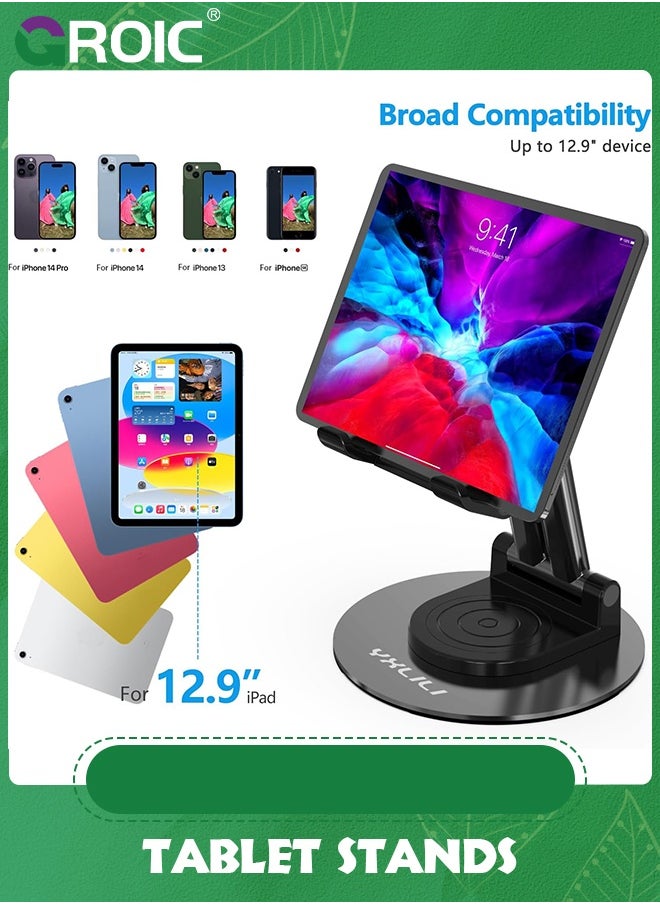 GROIC - Black Tablet Stand for Desk, Adjustable Phone Holder, 360° Rotating Tablet Holder with Heavy Metal Base, Multi-Angles Adjustable and Foldable for iPad Air, iPad Mini, iPad Pro, Kindle, Smartphones - Image 1