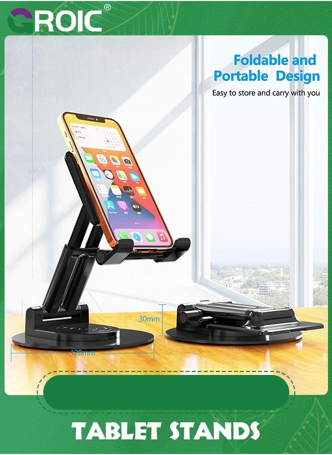 GROIC - Black Tablet Stand for Desk, Adjustable Phone Holder, 360° Rotating Tablet Holder with Heavy Metal Base, Multi-Angles Adjustable and Foldable for iPad Air, iPad Mini, iPad Pro, Kindle, Smartphones - Image 1