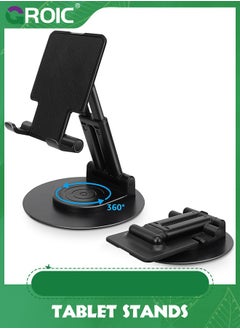 Black Tablet Stand for Desk, Adjustable Phone Holder, 360° Rotating Tablet Holder with Heavy Metal Base, Multi-Angles Adjustable and Foldable for iPad Air, iPad Mini, iPad Pro, Kindle, Smartphones