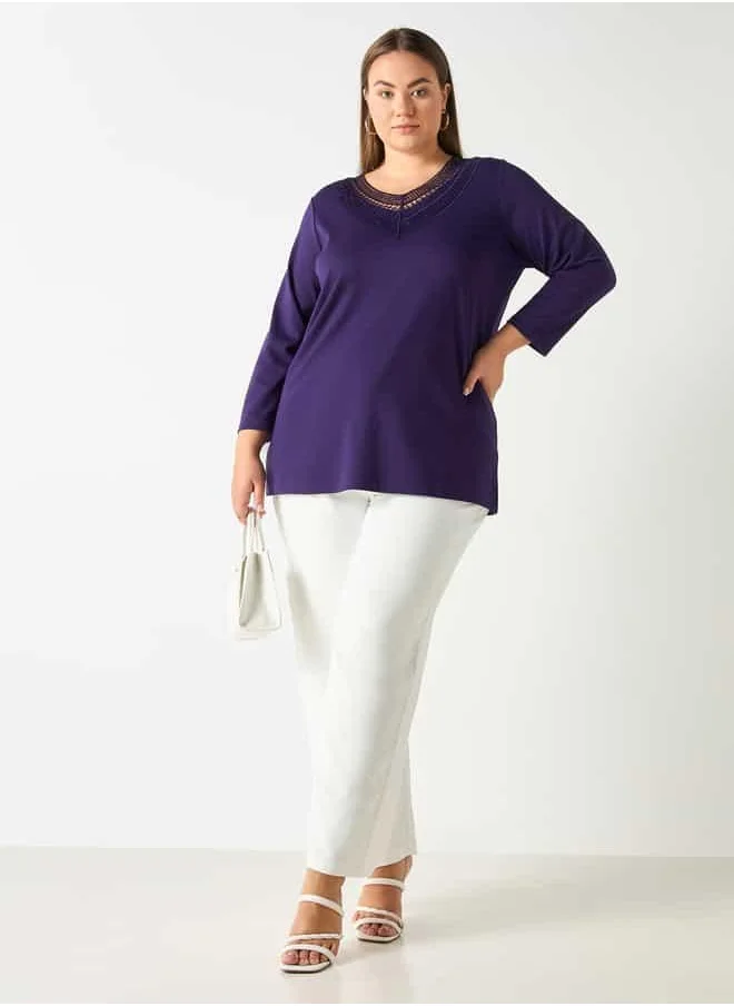 Ulla Popken Plus Size Ulla Popken Lace V-neck Top with Long Sleeves