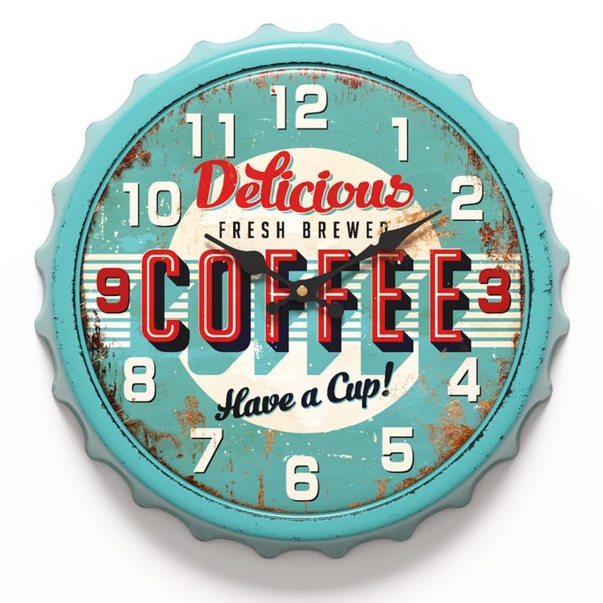 BOTTLE CAP DESIGN IRON RETRO WALL CLOCK 13 INCH VINTAGE STYLE SILENT NONTICKING BATTERY OPERATED CREATIVE DECOR WALL CLOCKS FOR CAFESFARMHOUSEOFFICEKITCHEN BLUE