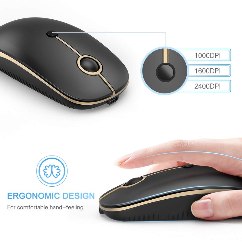 VssoPlor Type C Wireless Mouse USB C Rechargeable Portable Quiet Mouse USB and Type C Receiver Dual Mode Laptop Mouse for PC, Laptop, MacBook, Tablet-Black Gold - Image 5