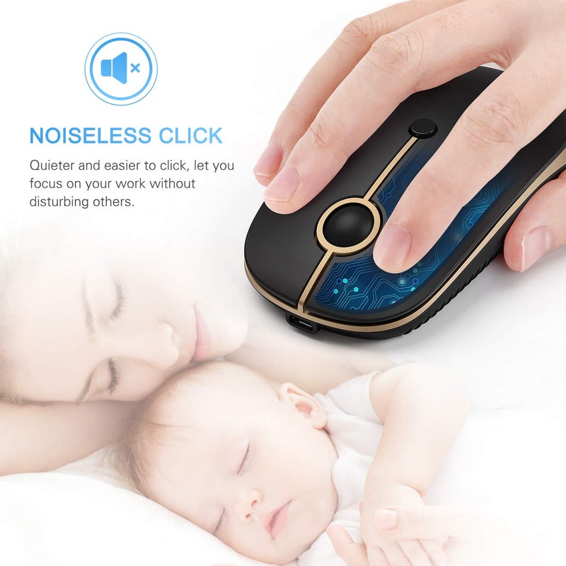 VssoPlor Type C Wireless Mouse USB C Rechargeable Portable Quiet Mouse USB and Type C Receiver Dual Mode Laptop Mouse for PC, Laptop, MacBook, Tablet-Black Gold - Image 4