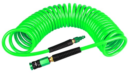 EADUTY Heavy Duty Polyurethane Recoil Air Hose 1/4 in x 25 ft, Lightweight, Flexible Compressor Hose with Universal Quick Coupler, Plug and Bend Restrictors, Green - Image 1