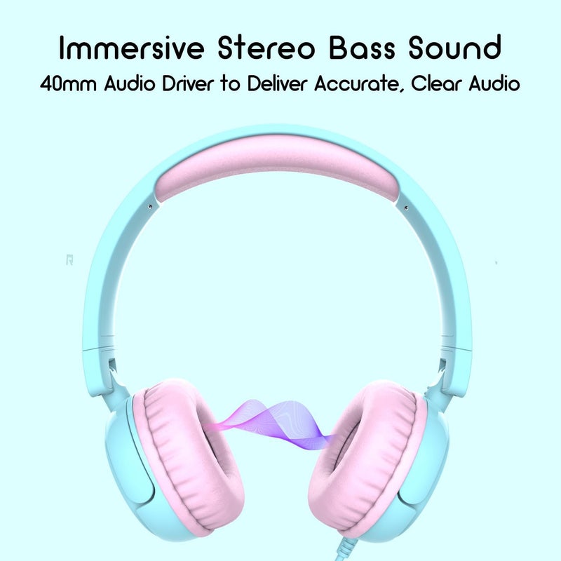 IMYB V1 Kids Headphones, Wired Stereo Foldable Tangle-Free 3.5mm Adjustable On-Ear Headphones for Kids for School/Toddlers/Childrens/Teens/Boys/Girls/Ipad/Tablet/Kindle/Phones/Travel/Plane (Cyan) - Image 3