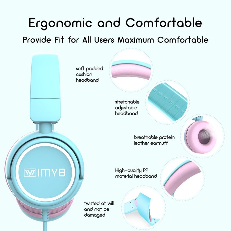 IMYB V1 Kids Headphones, Wired Stereo Foldable Tangle-Free 3.5mm Adjustable On-Ear Headphones for Kids for School/Toddlers/Childrens/Teens/Boys/Girls/Ipad/Tablet/Kindle/Phones/Travel/Plane (Cyan) - Image 5